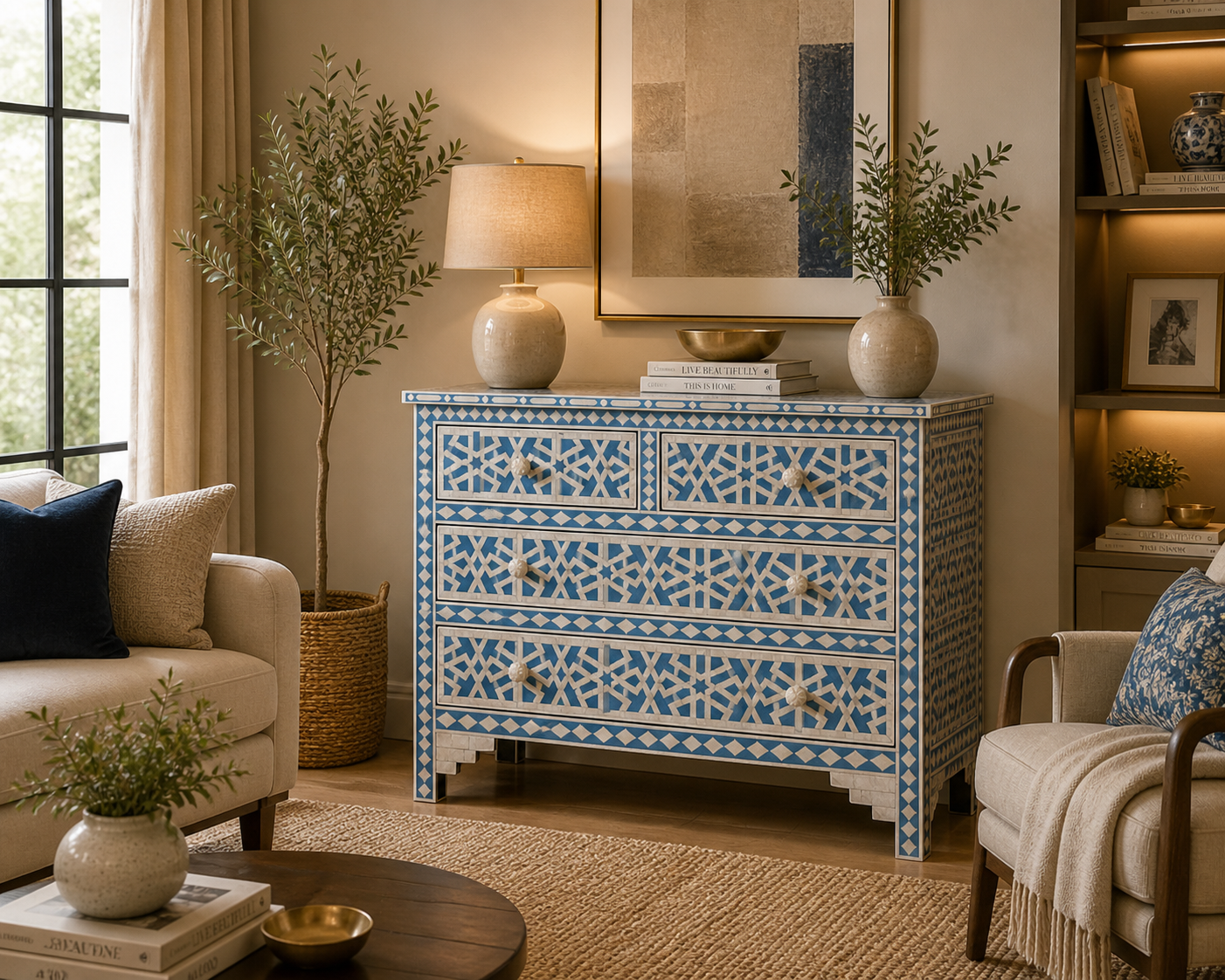 Blue Bone Inlay 4 Drawer Dresser | Geometric Pattern Chest of Drawers | Handmade Boho Storage Cabinet