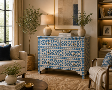 Blue Bone Inlay 4 Drawer Dresser | Geometric Pattern Chest of Drawers | Handmade Boho Storage Cabinet