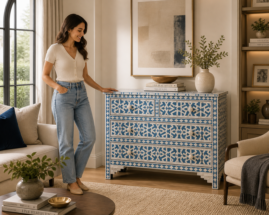 Blue Bone Inlay 4 Drawer Dresser | Geometric Pattern Chest of Drawers | Handmade Boho Storage Cabinet