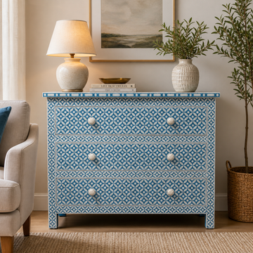 Blue Floral Bone Inlay 3 Drawer Dresser | Handmade Inlay Chest | Boho Chic Storage Cabinet