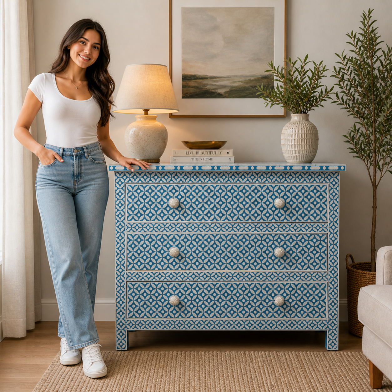 Blue Floral Bone Inlay 3 Drawer Dresser | Handmade Inlay Chest | Boho Chic Storage Cabinet