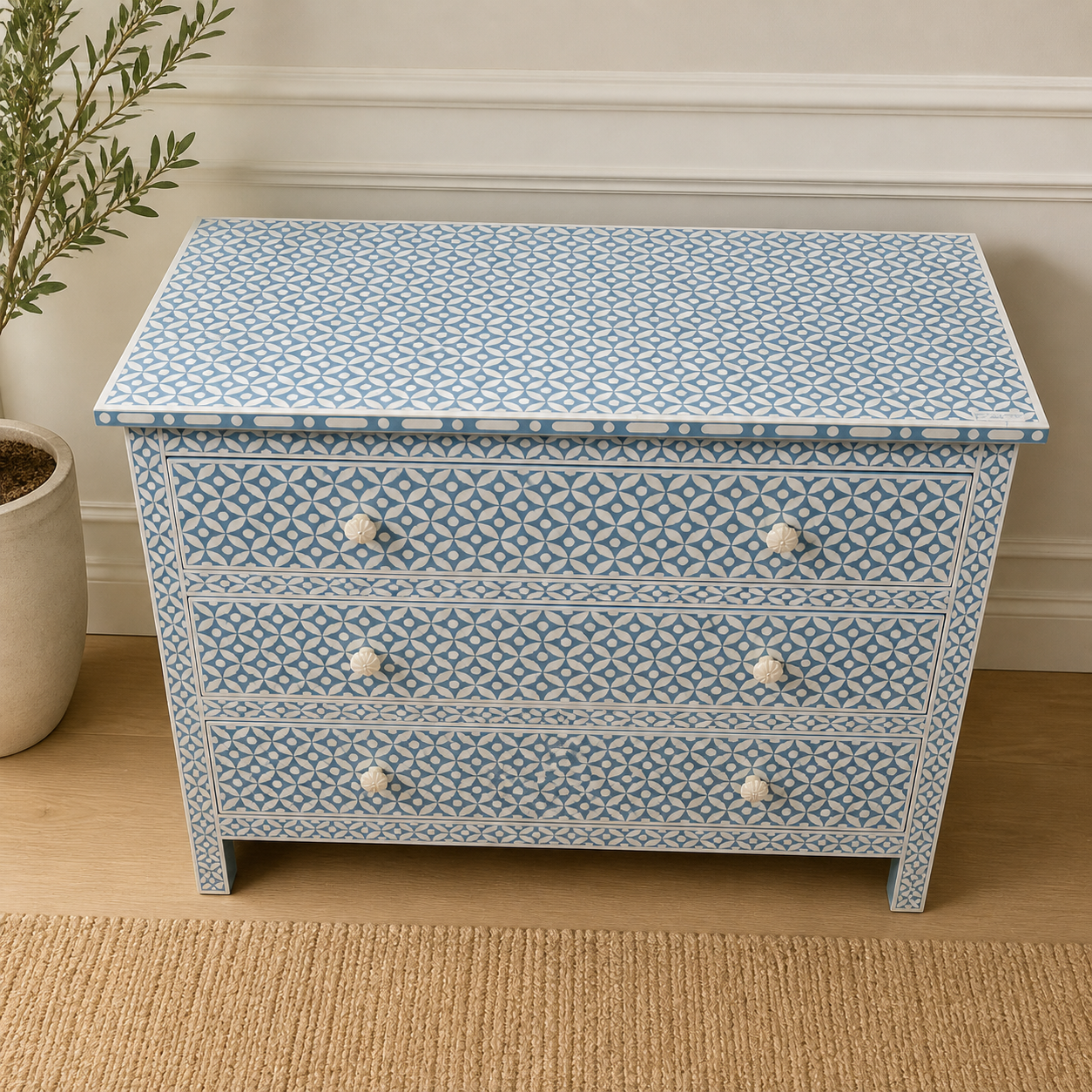 Blue Floral Bone Inlay 3 Drawer Dresser | Handmade Inlay Chest | Boho Chic Storage Cabinet