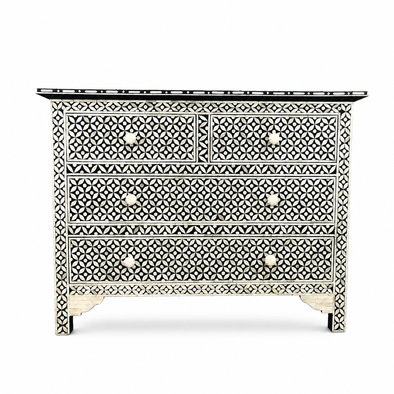 Black White Bone Inlay 3 Drawer Dresser | Geometric Inlay Chest of Drawers | Handmade Boho Storage Cabinet