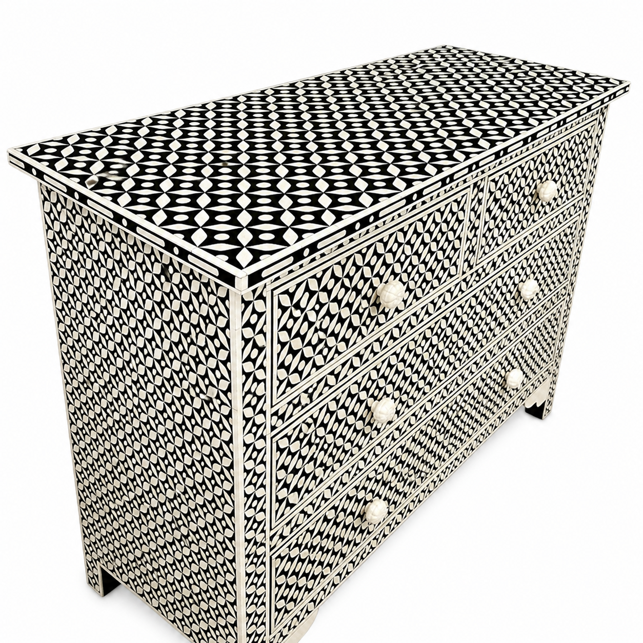 Black White Bone Inlay 3 Drawer Dresser | Geometric Inlay Chest of Drawers | Handmade Boho Storage Cabinet