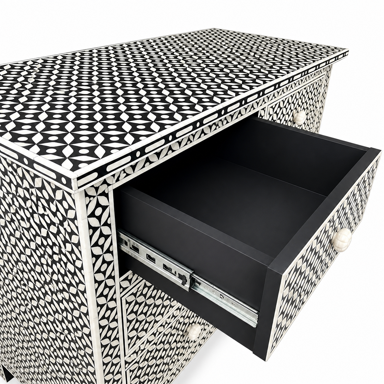 Black White Bone Inlay 3 Drawer Dresser | Geometric Inlay Chest of Drawers | Handmade Boho Storage Cabinet