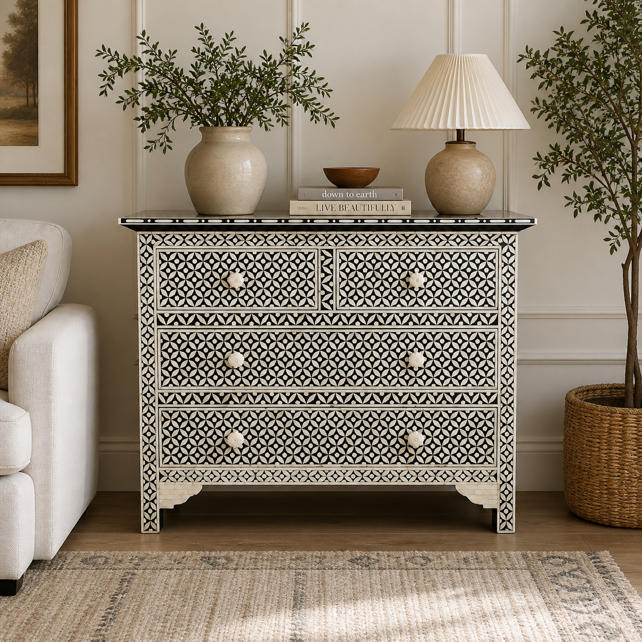 Black White Bone Inlay 3 Drawer Dresser | Geometric Inlay Chest of Drawers | Handmade Boho Storage Cabinet (Copy)
