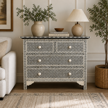 Black White Bone Inlay 3 Drawer Dresser | Geometric Inlay Chest of Drawers | Handmade Boho Storage Cabinet (Copy)