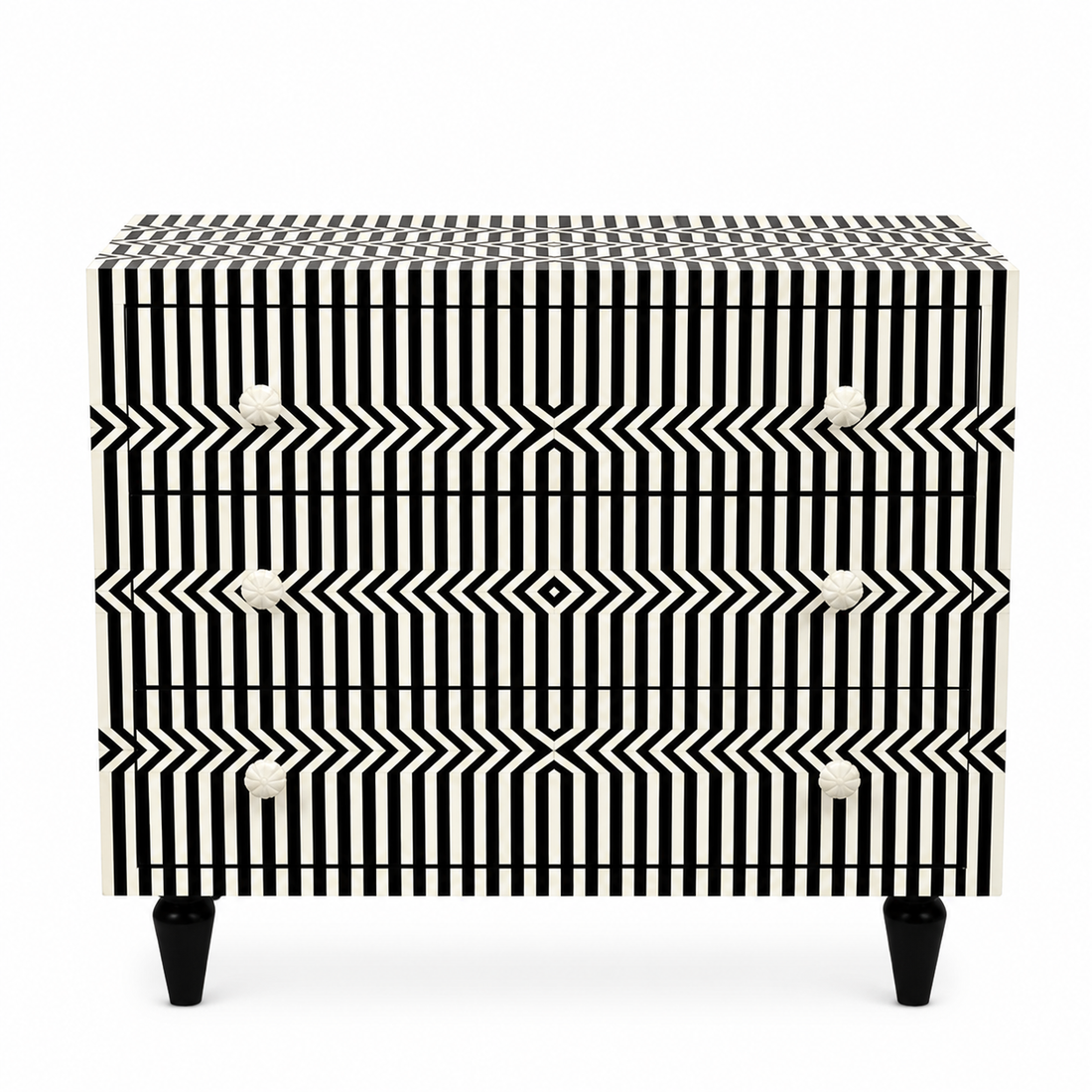 Black White Striped Bone Inlay 3 Drawer Dresser | Geometric Optical Pattern Chest | Handmade Modern Storage Cabinet