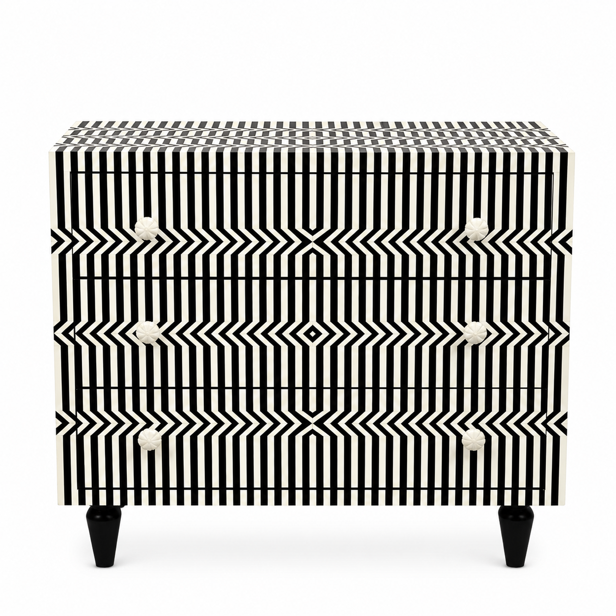 Black White Striped Bone Inlay 3 Drawer Dresser | Geometric Optical Pattern Chest | Handmade Modern Storage Cabinet