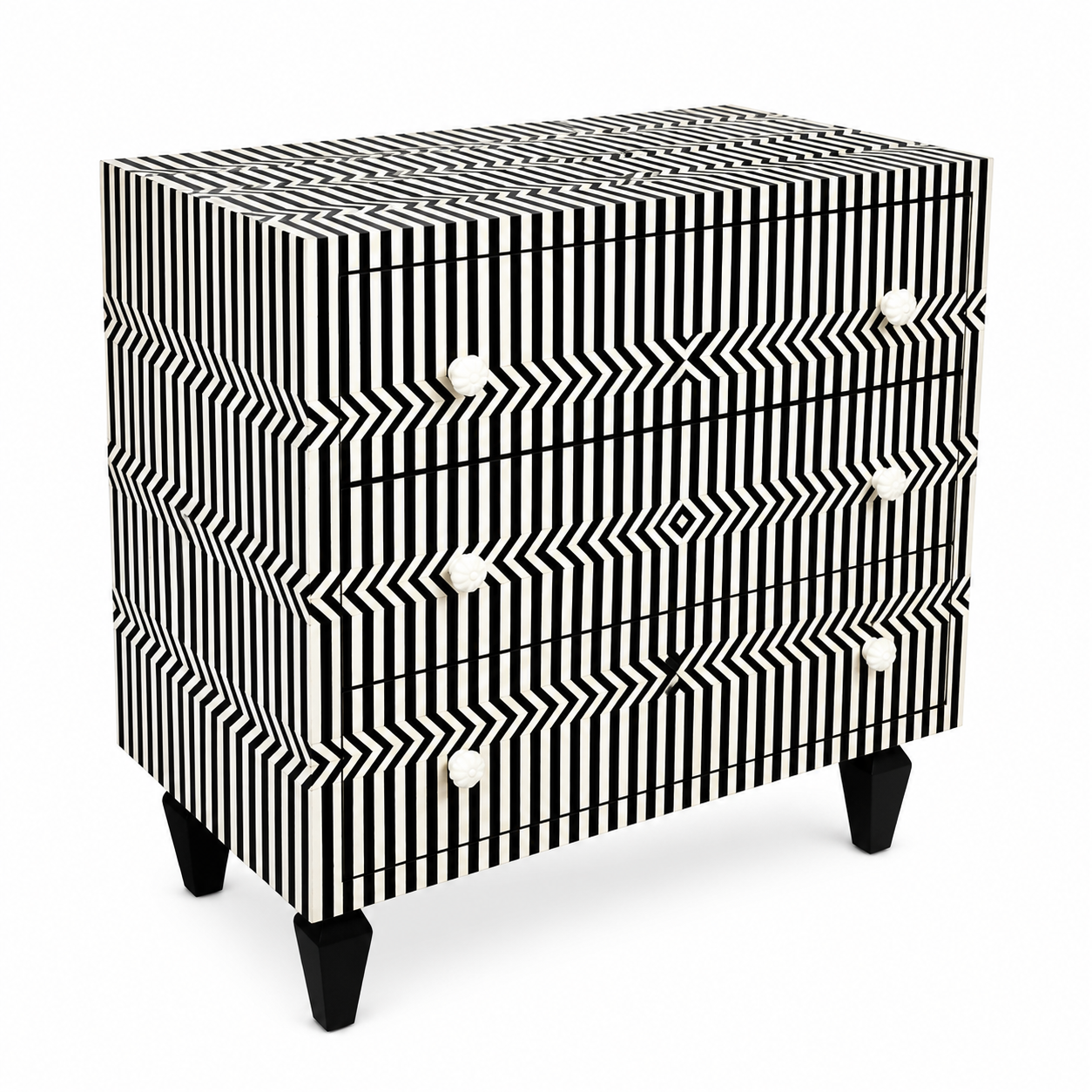 Black White Striped Bone Inlay 3 Drawer Dresser | Geometric Optical Pattern Chest | Handmade Modern Storage Cabinet