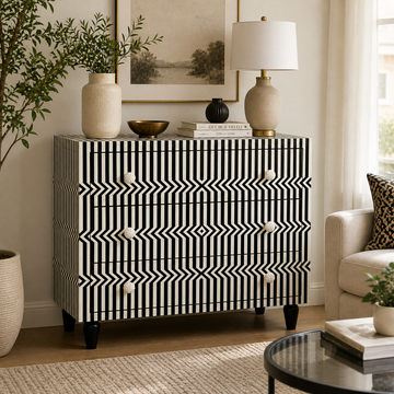 Black White Striped Bone Inlay 3 Drawer Dresser | Geometric Optical Pattern Chest | Handmade Modern Storage Cabinet