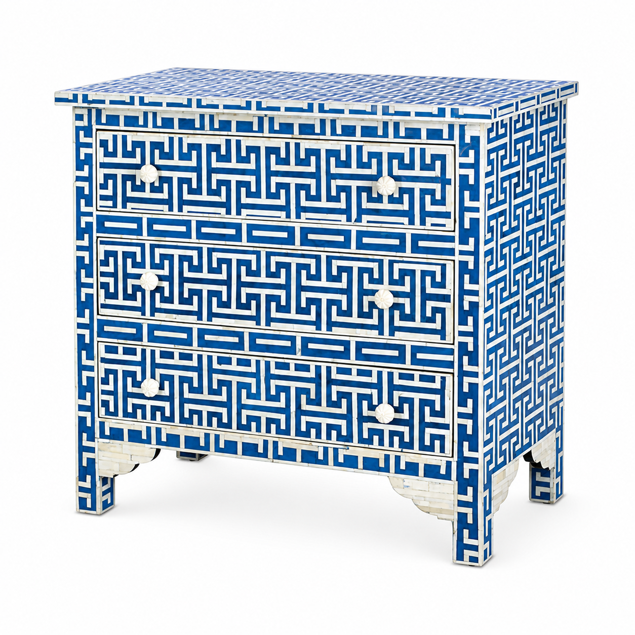 Blue Greek Key Bone Inlay 3 Drawer Dresser | Geometric Inlay Chest | Handmade Boho Storage Cabinet
