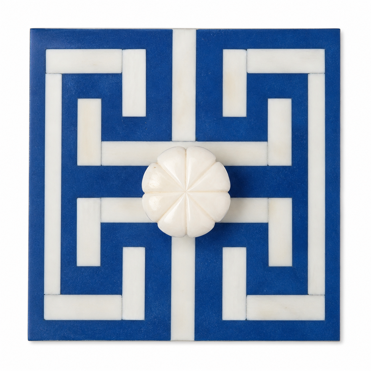 Blue Greek Key Bone Inlay 3 Drawer Dresser | Geometric Inlay Chest | Handmade Boho Storage Cabinet