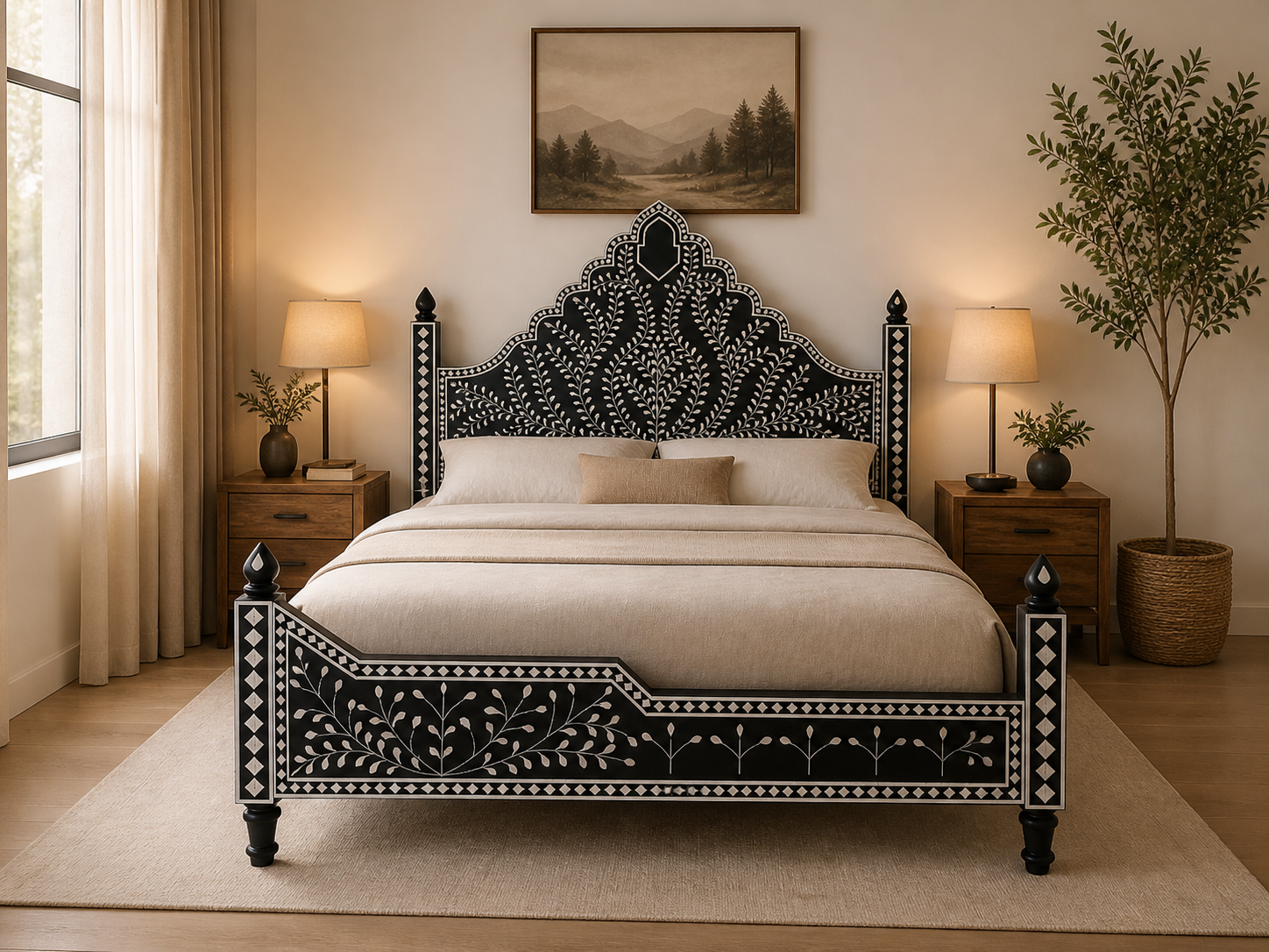 Black Bone Inlay Bed Frame Floral Handmade Luxury Bed King Queen Size Wooden Bed Frame Boho Chic Bedroom Furniture