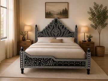 Black Bone Inlay Bed Frame Floral Handmade Luxury Bed King Queen Size Wooden Bed Frame Boho Chic Bedroom Furniture
