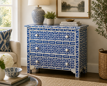 Blue Greek Key Bone Inlay 3 Drawer Dresser | Geometric Inlay Chest | Handmade Boho Storage Cabinet