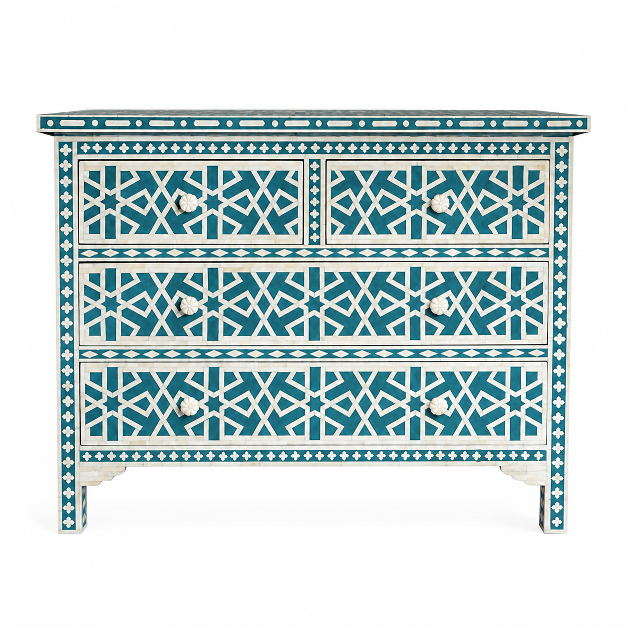 Blue Bone Inlay 3 Drawer Chest | Handmade Geometric Pattern Dresser | Luxury Storage Cabinet