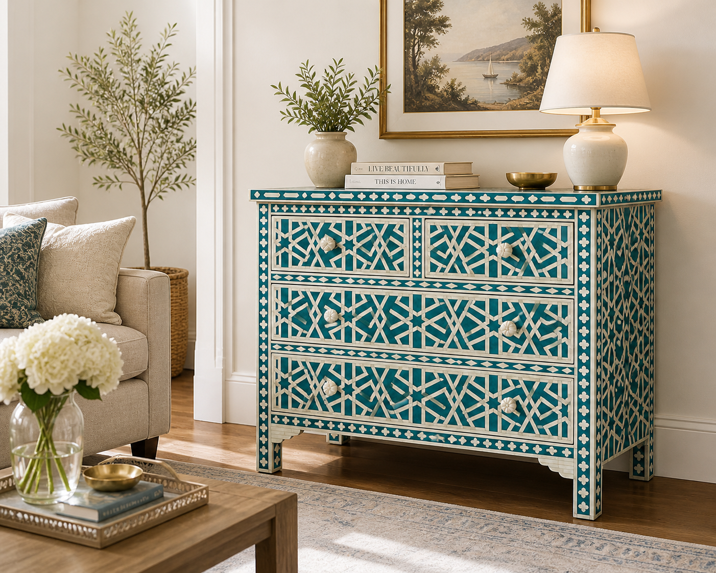 Blue Bone Inlay 3 Drawer Chest | Handmade Geometric Pattern Dresser | Luxury Storage Cabinet