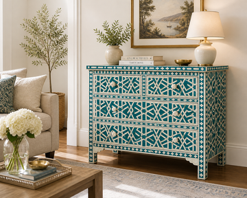 Blue Bone Inlay 3 Drawer Chest | Handmade Geometric Pattern Dresser | Luxury Storage Cabinet