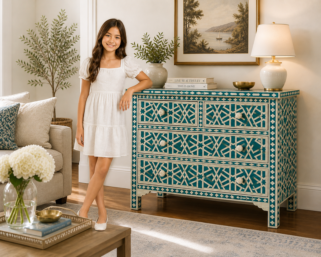 Blue Bone Inlay 3 Drawer Chest | Handmade Geometric Pattern Dresser | Luxury Storage Cabinet