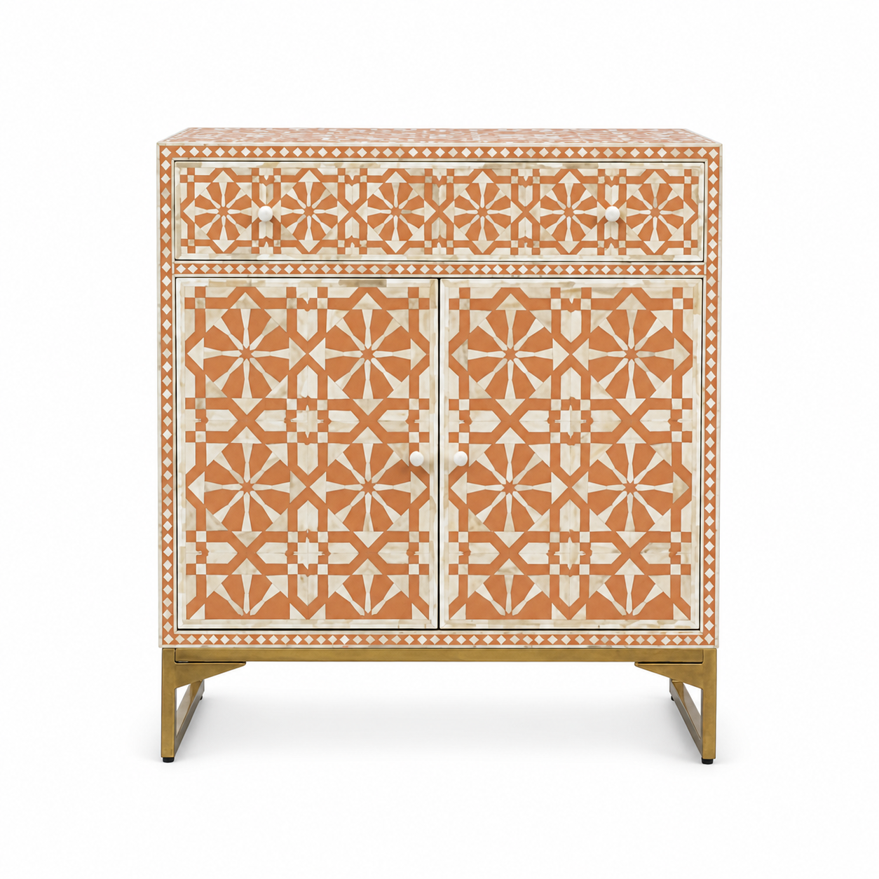 Orange Bone Inlay 2 Door Cabinet | Handmade Geometric Sideboard | Luxury Accent Storage Cabinet