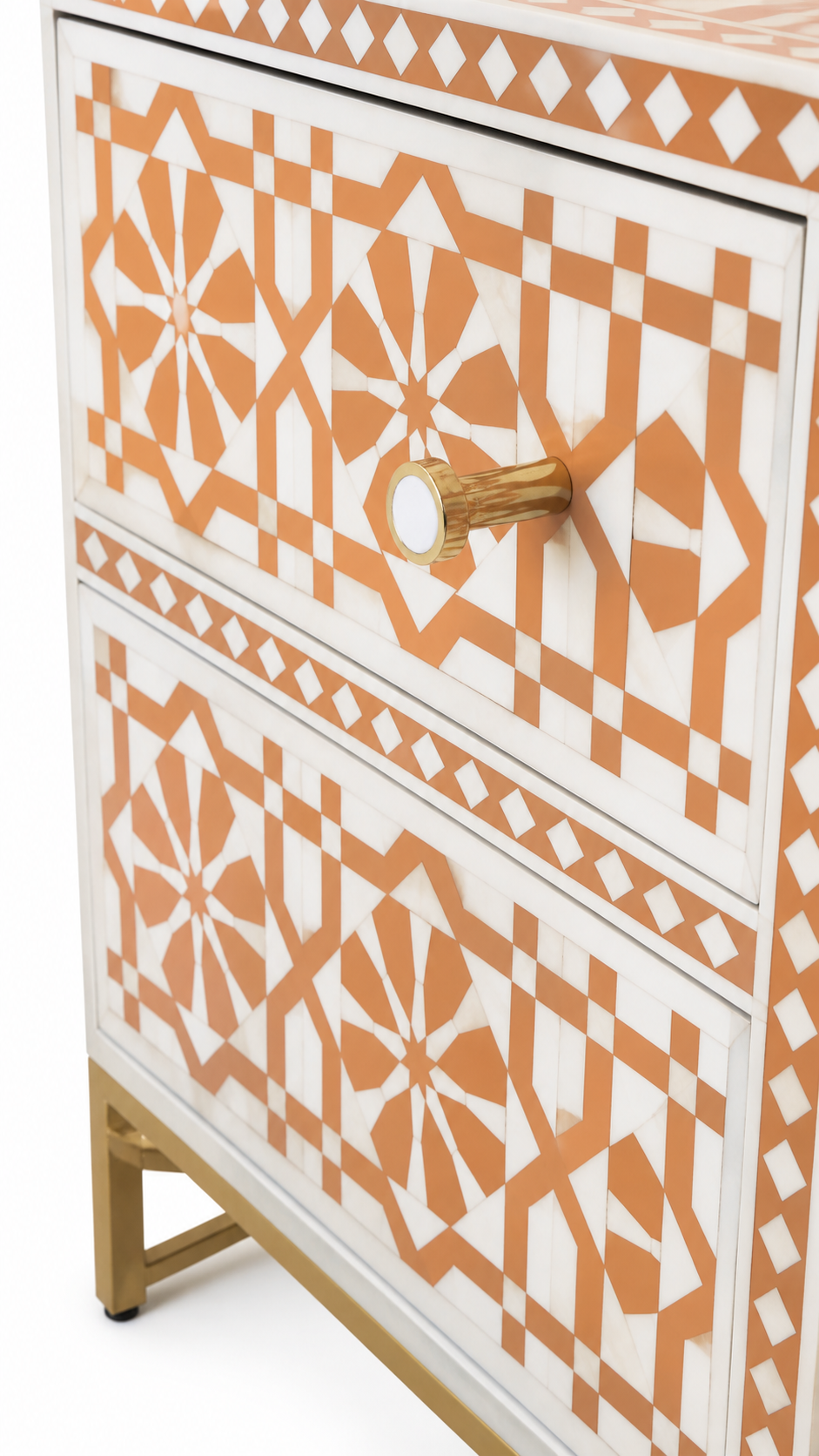 Orange Bone Inlay 2 Door Cabinet | Handmade Geometric Sideboard | Luxury Accent Storage Cabinet