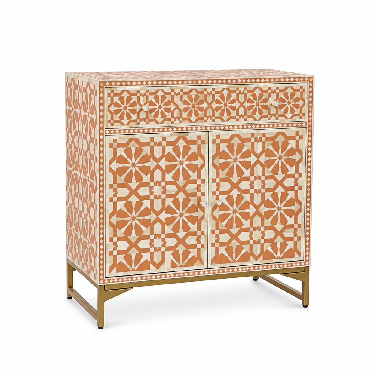 Orange Bone Inlay 2 Door Cabinet | Handmade Geometric Sideboard | Luxury Accent Storage Cabinet