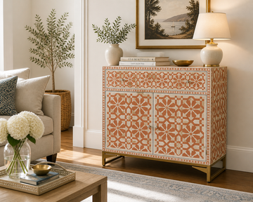 Orange Bone Inlay 2 Door Cabinet | Handmade Geometric Sideboard | Luxury Accent Storage Cabinet