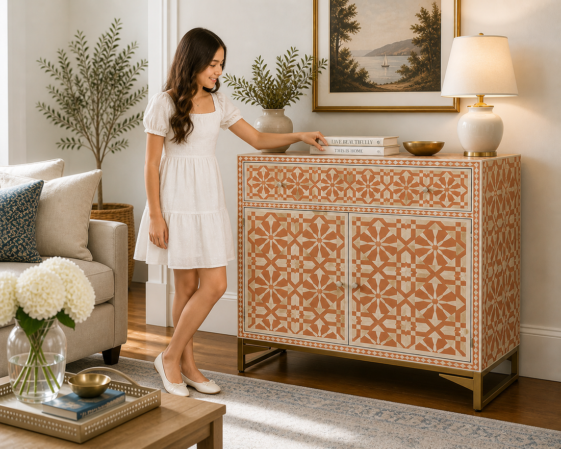 Orange Bone Inlay 2 Door Cabinet | Handmade Geometric Sideboard | Luxury Accent Storage Cabinet
