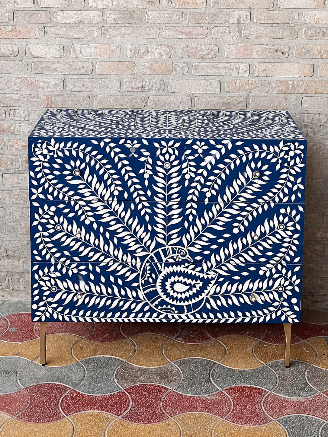 Blue Bone Inlay Chest of Drawers Peacock Design Handmade Dresser Cabinet Luxury Storage Furniture Boho Chic Home Decor