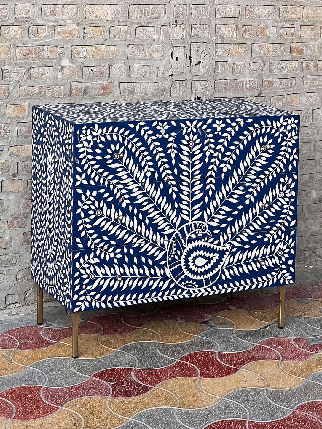 Blue Bone Inlay Chest of Drawers Peacock Design Handmade Dresser Cabinet Luxury Storage Furniture Boho Chic Home Decor