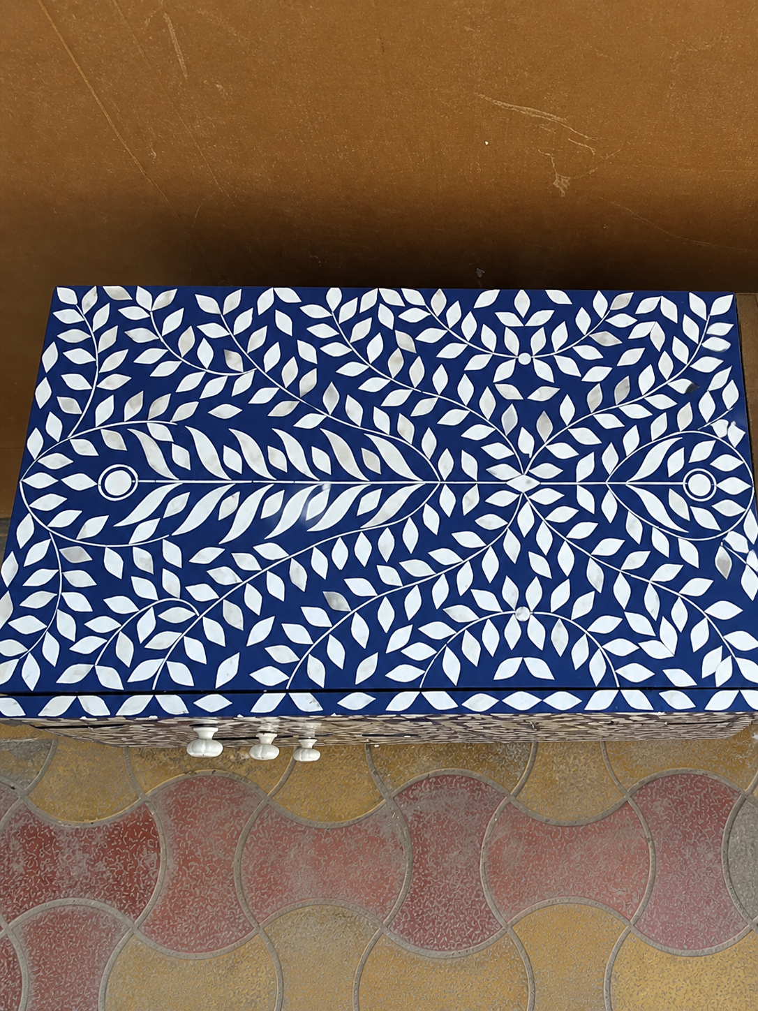 Blue Bone Inlay Chest of Drawers Peacock Design Handmade Dresser Cabinet Luxury Storage Furniture Boho Chic Home Decor