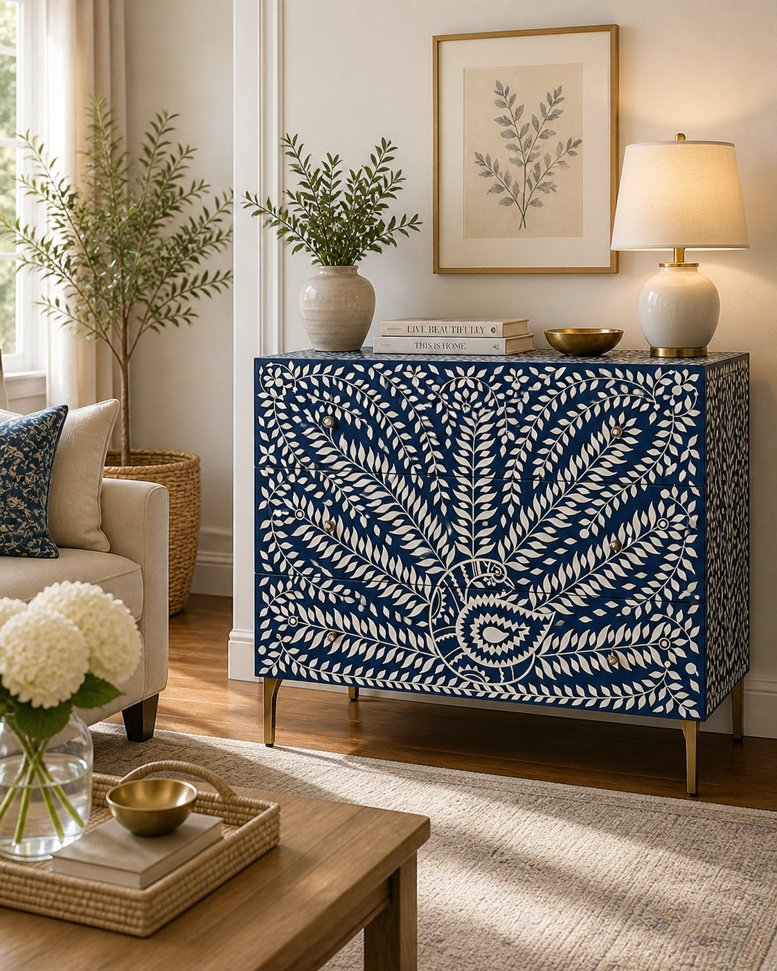 Blue Bone Inlay Chest of Drawers Peacock Design Handmade Dresser Cabinet Luxury Storage Furniture Boho Chic Home Decor
