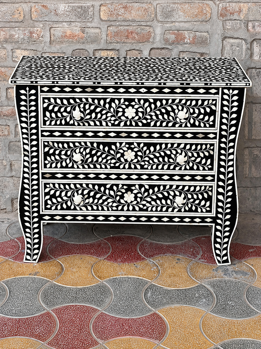 Black Bone Inlay Chest of Drawers Floral Handmade Dresser Cabinet Luxury Storage Furniture Boho Chic Bedroom Decor