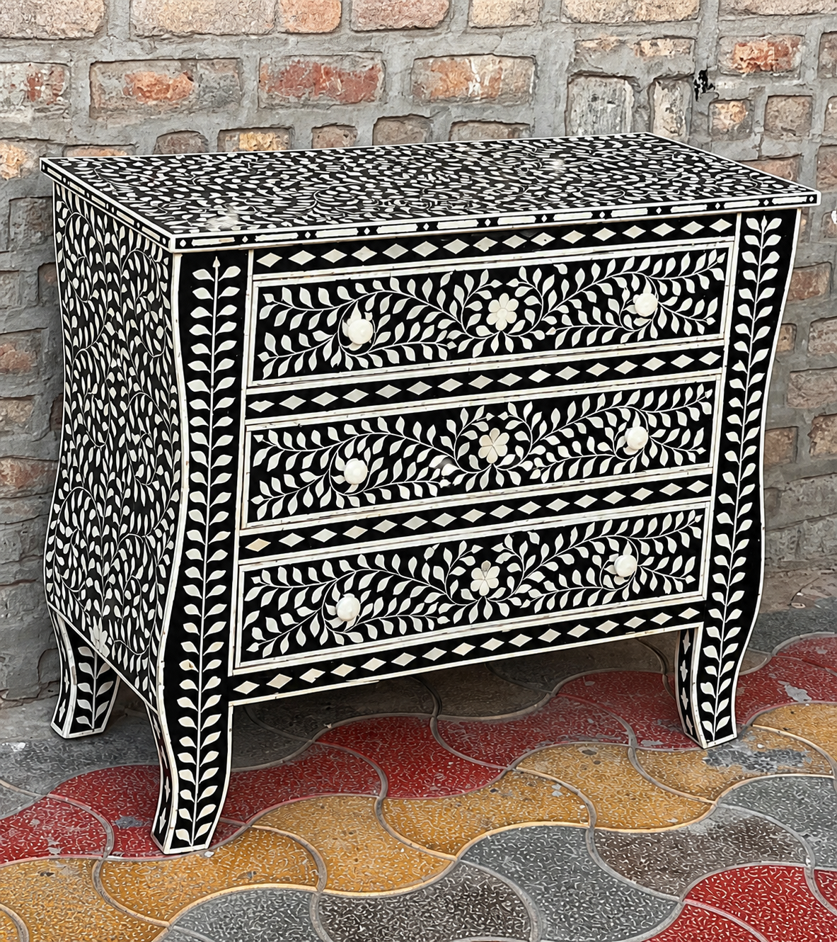 Black Bone Inlay Chest of Drawers Floral Handmade Dresser Cabinet Luxury Storage Furniture Boho Chic Bedroom Decor