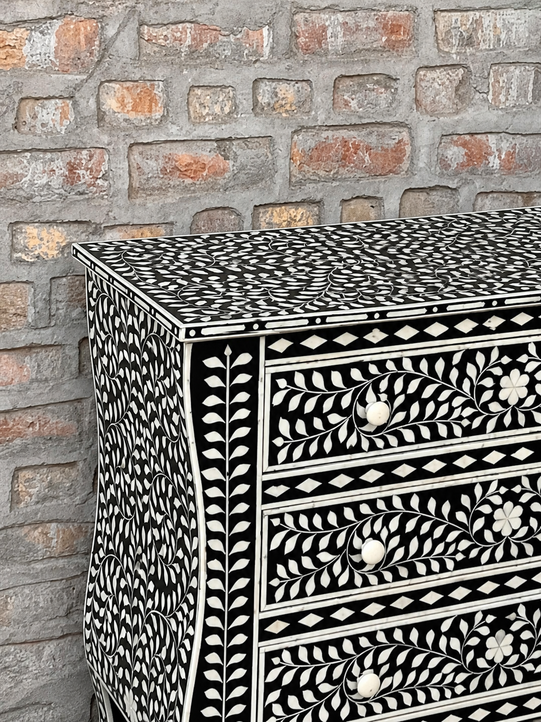 Black Bone Inlay Chest of Drawers Floral Handmade Dresser Cabinet Luxury Storage Furniture Boho Chic Bedroom Decor