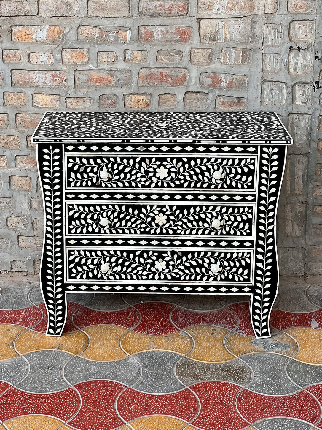 Black Bone Inlay Chest of Drawers Floral Handmade Dresser Cabinet Luxury Storage Furniture Boho Chic Bedroom Decor