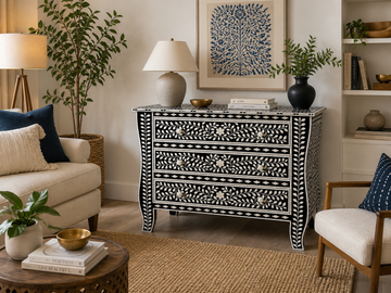 Black Bone Inlay Chest of Drawers Floral Handmade Dresser Cabinet Luxury Storage Furniture Boho Chic Bedroom Decor