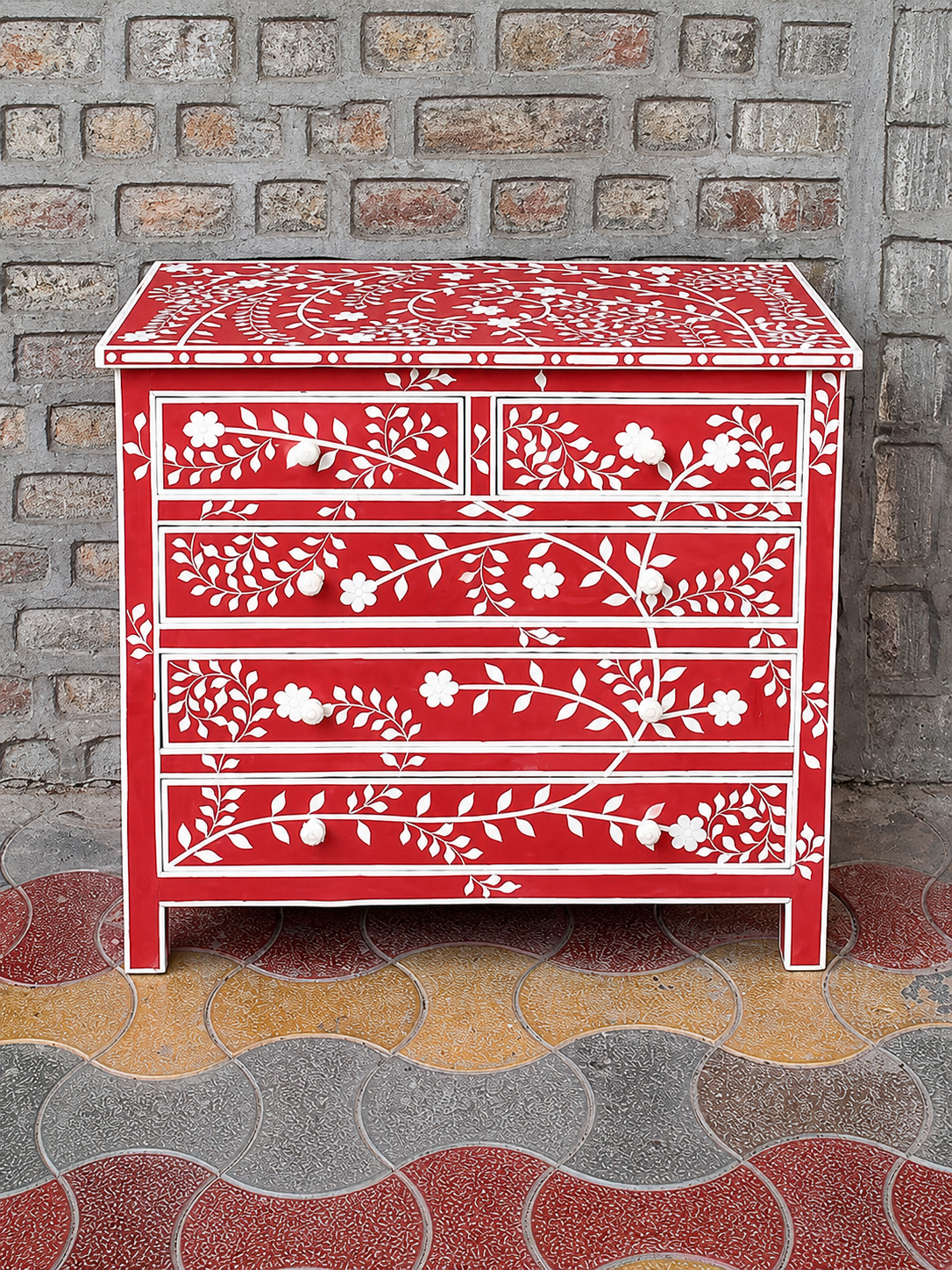 Red Bone Inlay Chest of Drawers Floral Handmade Dresser Cabinet Luxury Storage Furniture Boho Chic Bedroom Decor
