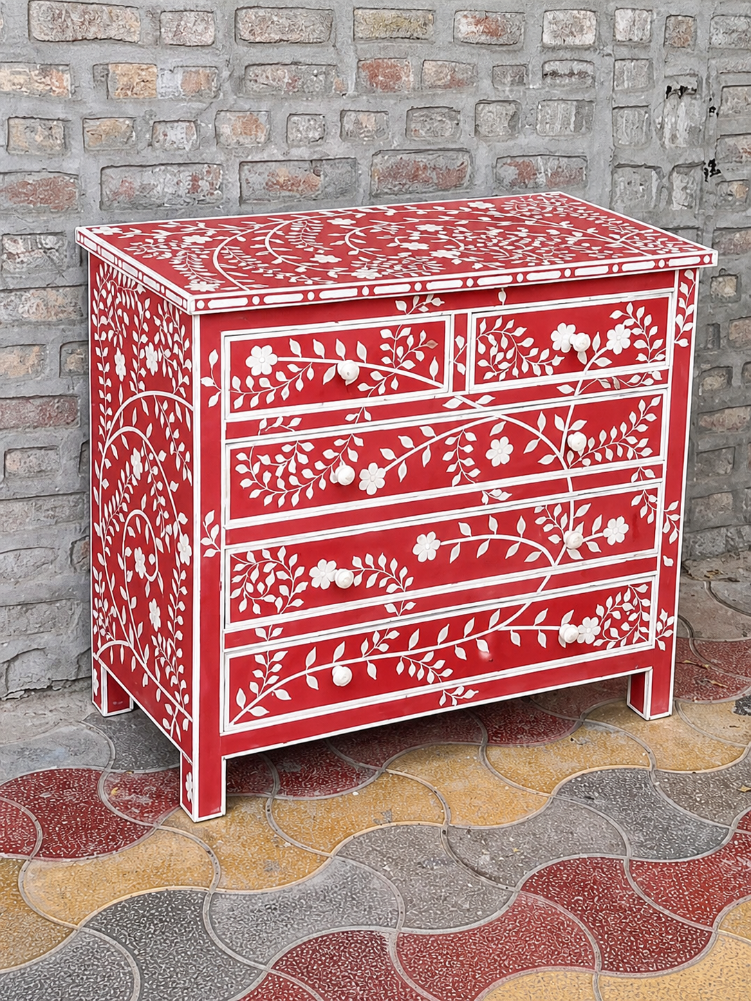 Red Bone Inlay Chest of Drawers Floral Handmade Dresser Cabinet Luxury Storage Furniture Boho Chic Bedroom Decor