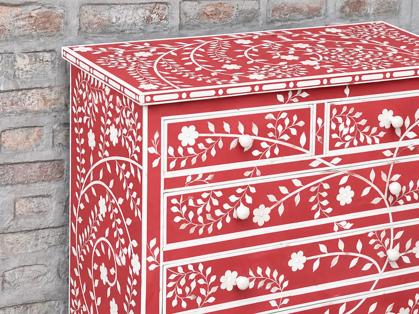 Red Bone Inlay Chest of Drawers Floral Handmade Dresser Cabinet Luxury Storage Furniture Boho Chic Bedroom Decor