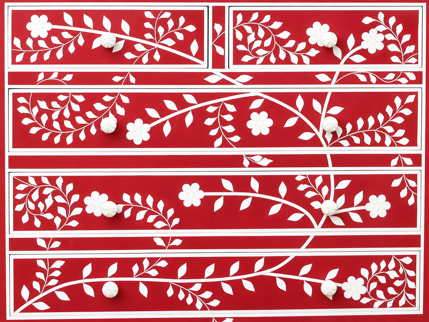 Red Bone Inlay Chest of Drawers Floral Handmade Dresser Cabinet Luxury Storage Furniture Boho Chic Bedroom Decor