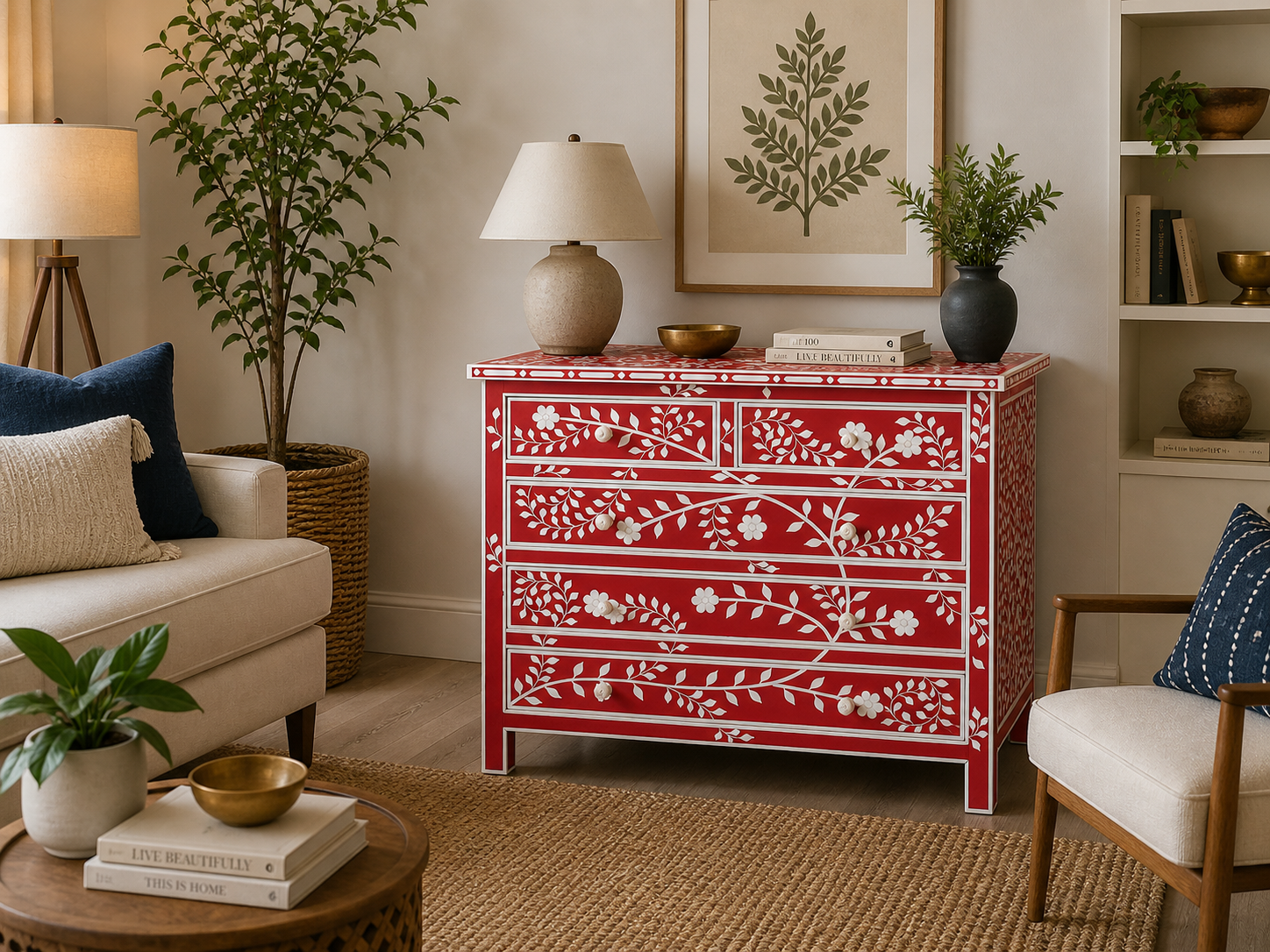 Red Bone Inlay Chest of Drawers Floral Handmade Dresser Cabinet Luxury Storage Furniture Boho Chic Bedroom Decor