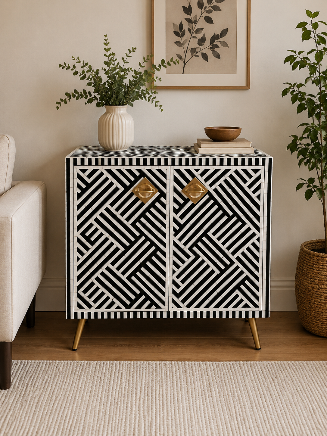 Black White Bone Inlay Cabinet Handmade Geometric Sideboard Storage Cabinet Luxury Accent Furniture Boho Chic Home Decor