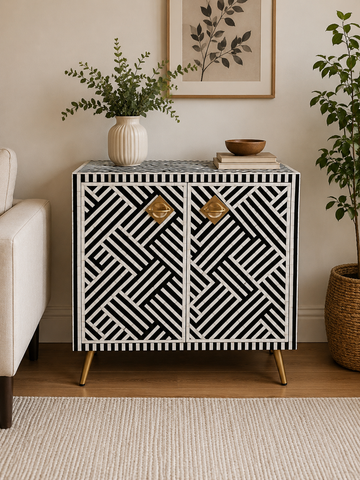 Black White Bone Inlay Cabinet Handmade Geometric Sideboard Storage Cabinet Luxury Accent Furniture Boho Chic Home Decor