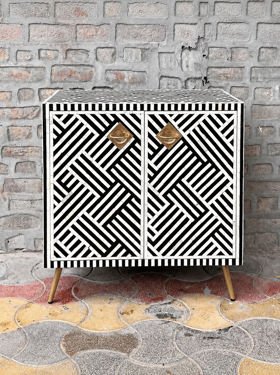 Black White Bone Inlay Cabinet Handmade Geometric Sideboard Storage Cabinet Luxury Accent Furniture Boho Chic Home Decor