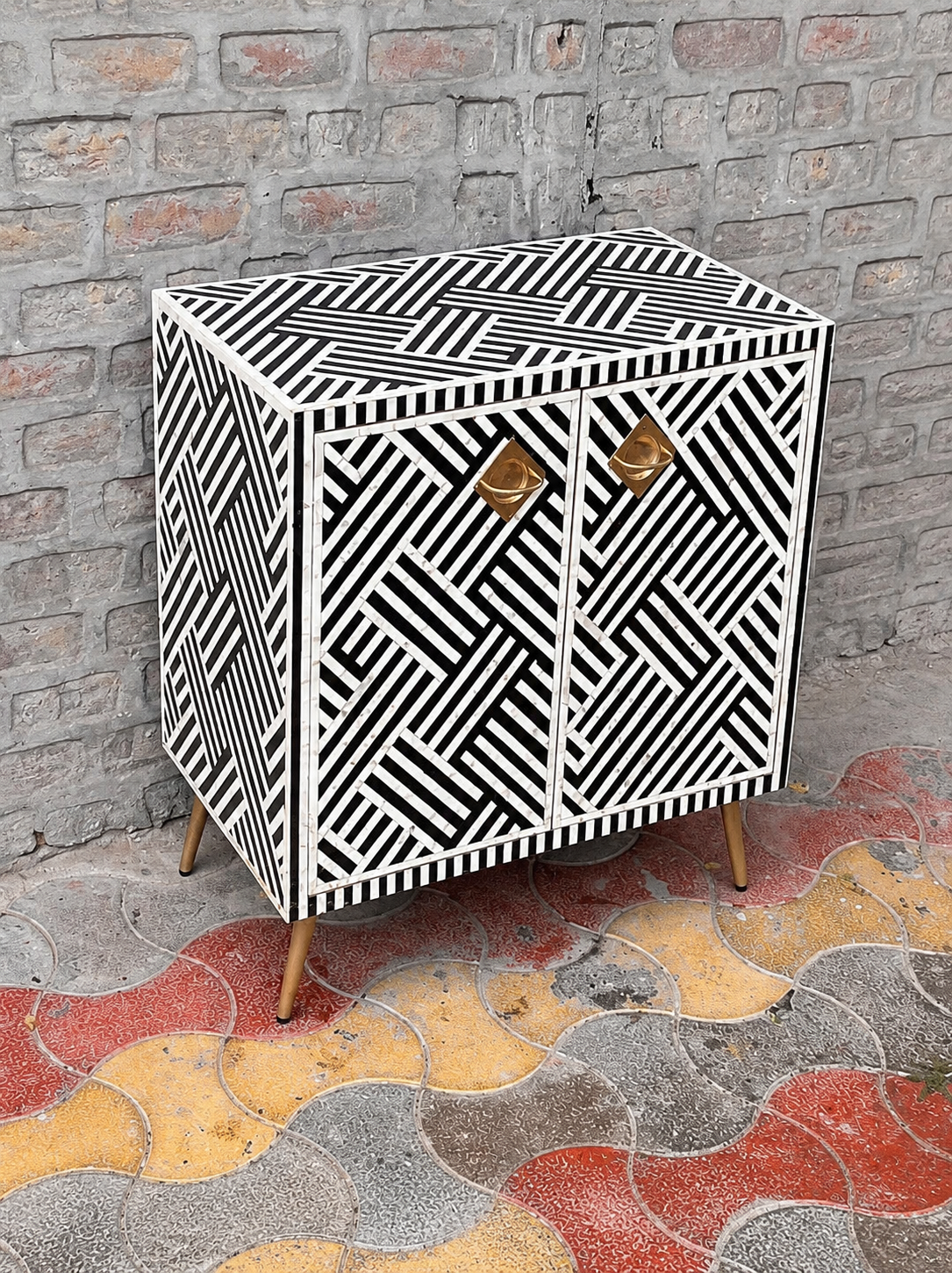Black White Bone Inlay Cabinet Handmade Geometric Sideboard Storage Cabinet Luxury Accent Furniture Boho Chic Home Decor
