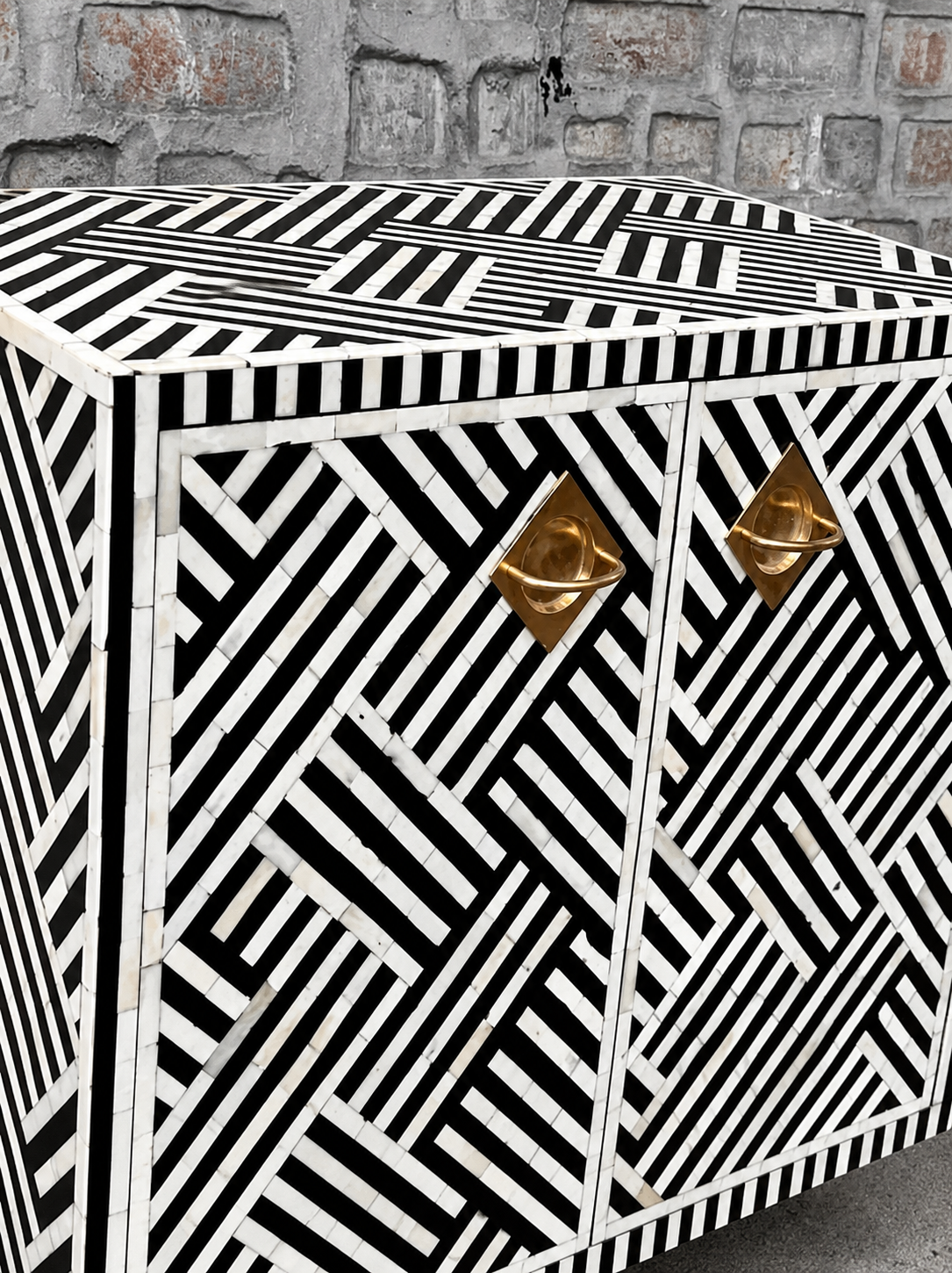Black White Bone Inlay Cabinet Handmade Geometric Sideboard Storage Cabinet Luxury Accent Furniture Boho Chic Home Decor