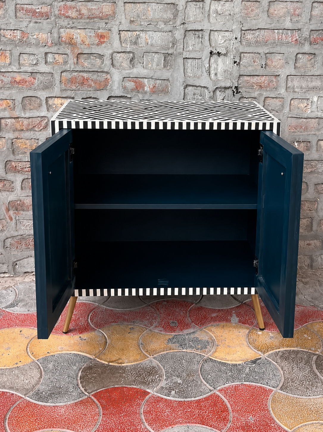 Black White Bone Inlay Cabinet Handmade Geometric Sideboard Storage Cabinet Luxury Accent Furniture Boho Chic Home Decor