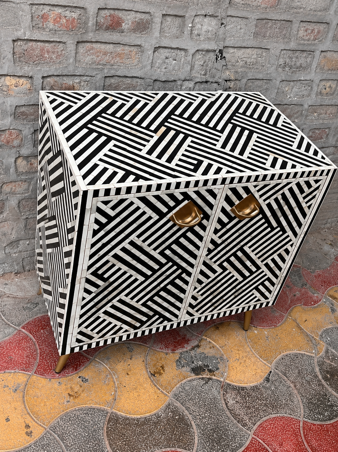 Black White Bone Inlay Cabinet Handmade Geometric Sideboard Storage Cabinet Luxury Accent Furniture Boho Chic Home Decor